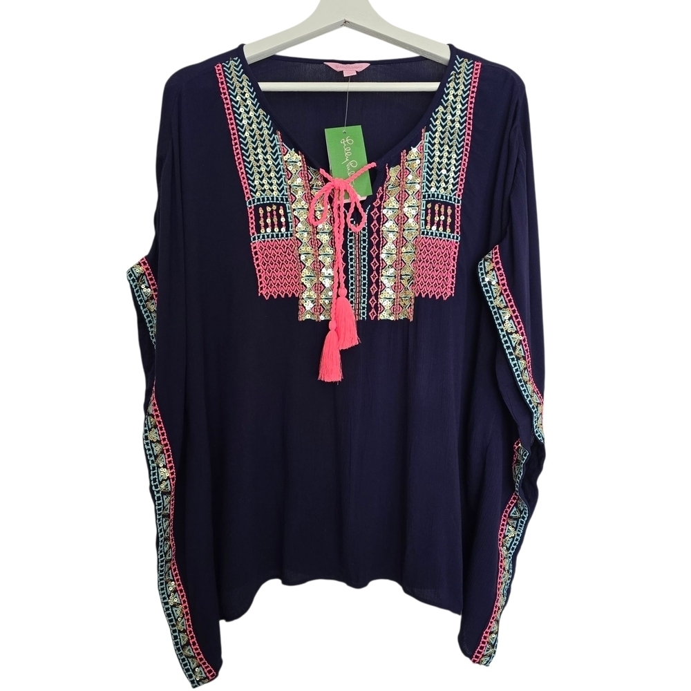 NWT Lilly Pulitzer Lucinda Caftan Sequin Navy Blue Neon Pink